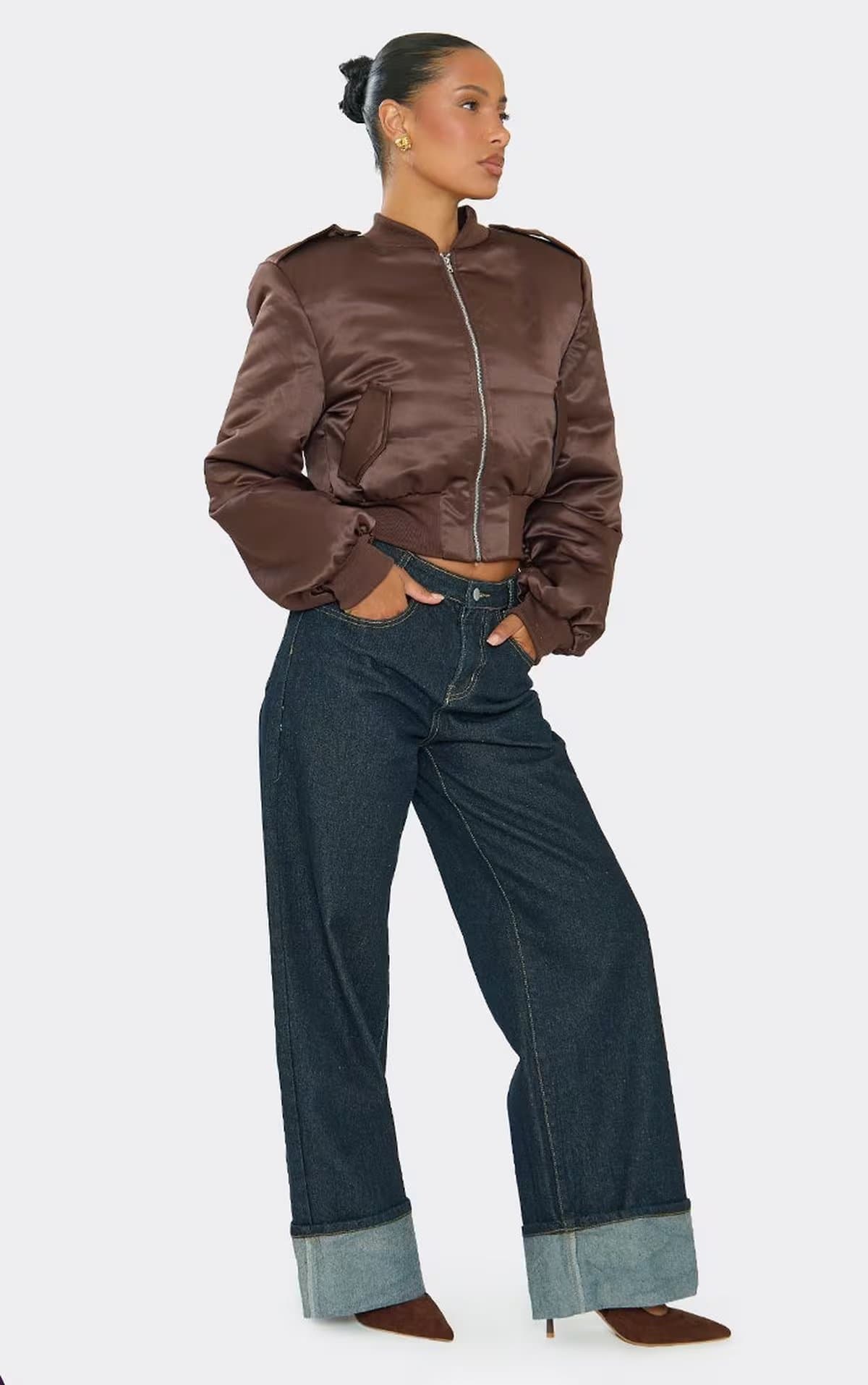 EGO EGO Chocolate Brown Satin Long Sleeve Cropped Bomber Jacket