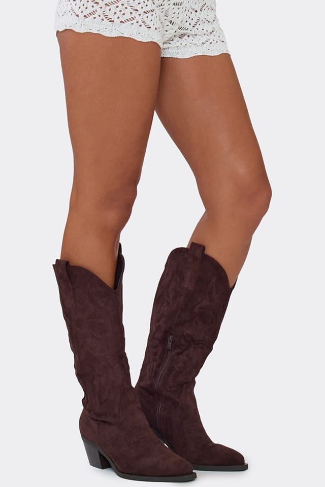 EGO EGO Women's Western Cowboy Embroidered Faux Suede Block Heel Boots in Dark Brown - 2
