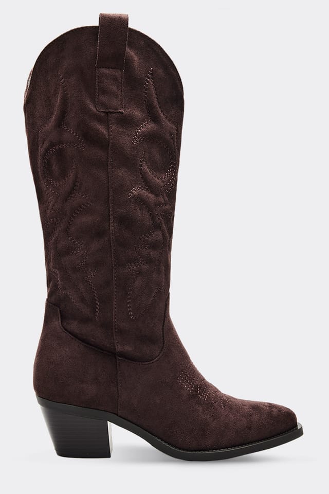 EGO EGO Women's Western Cowboy Embroidered Faux Suede Block Heel Boots in Dark Brown - 3