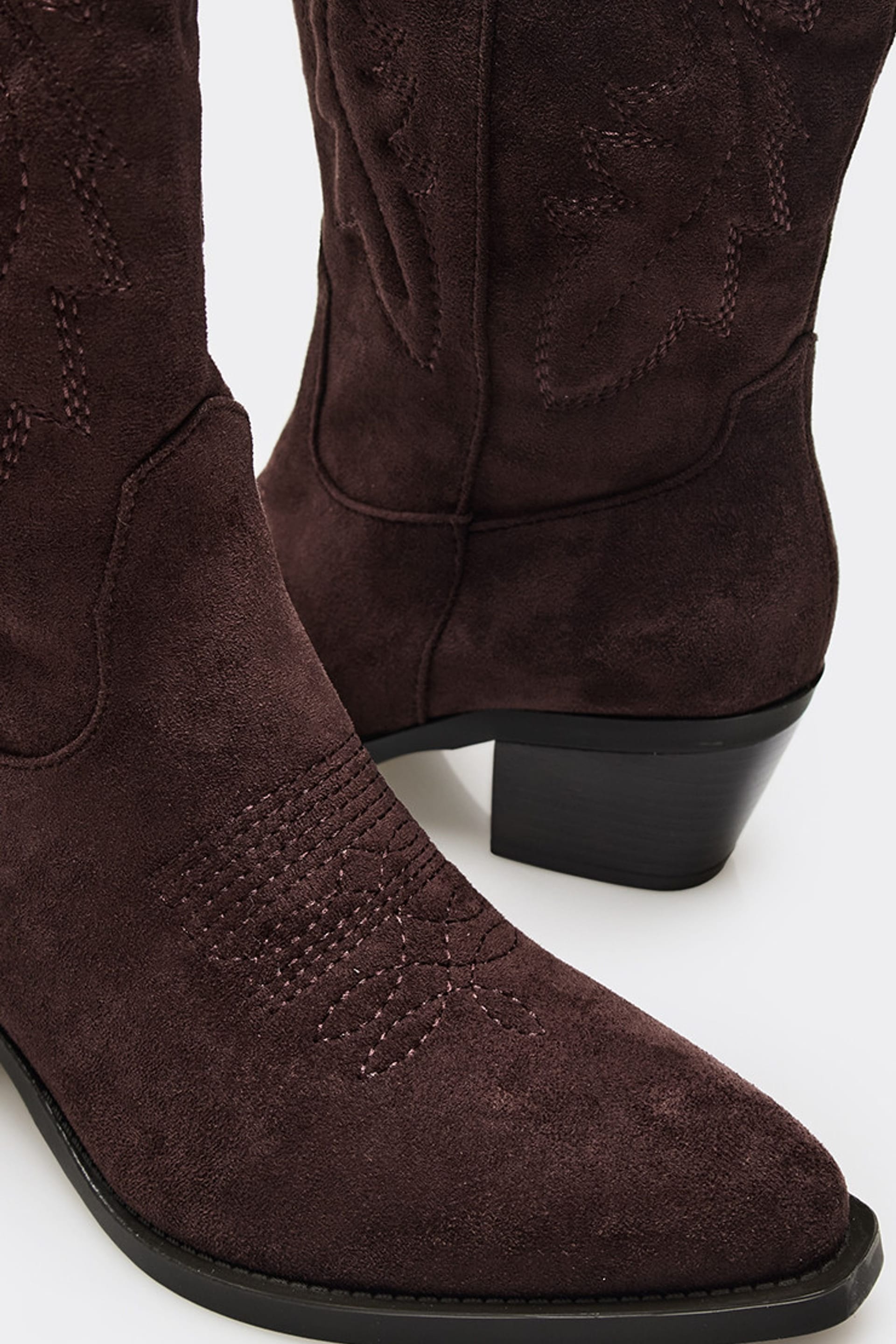 EGO EGO Women's Western Cowboy Embroidered Faux Suede Block Heel Boots in Dark Brown - 4