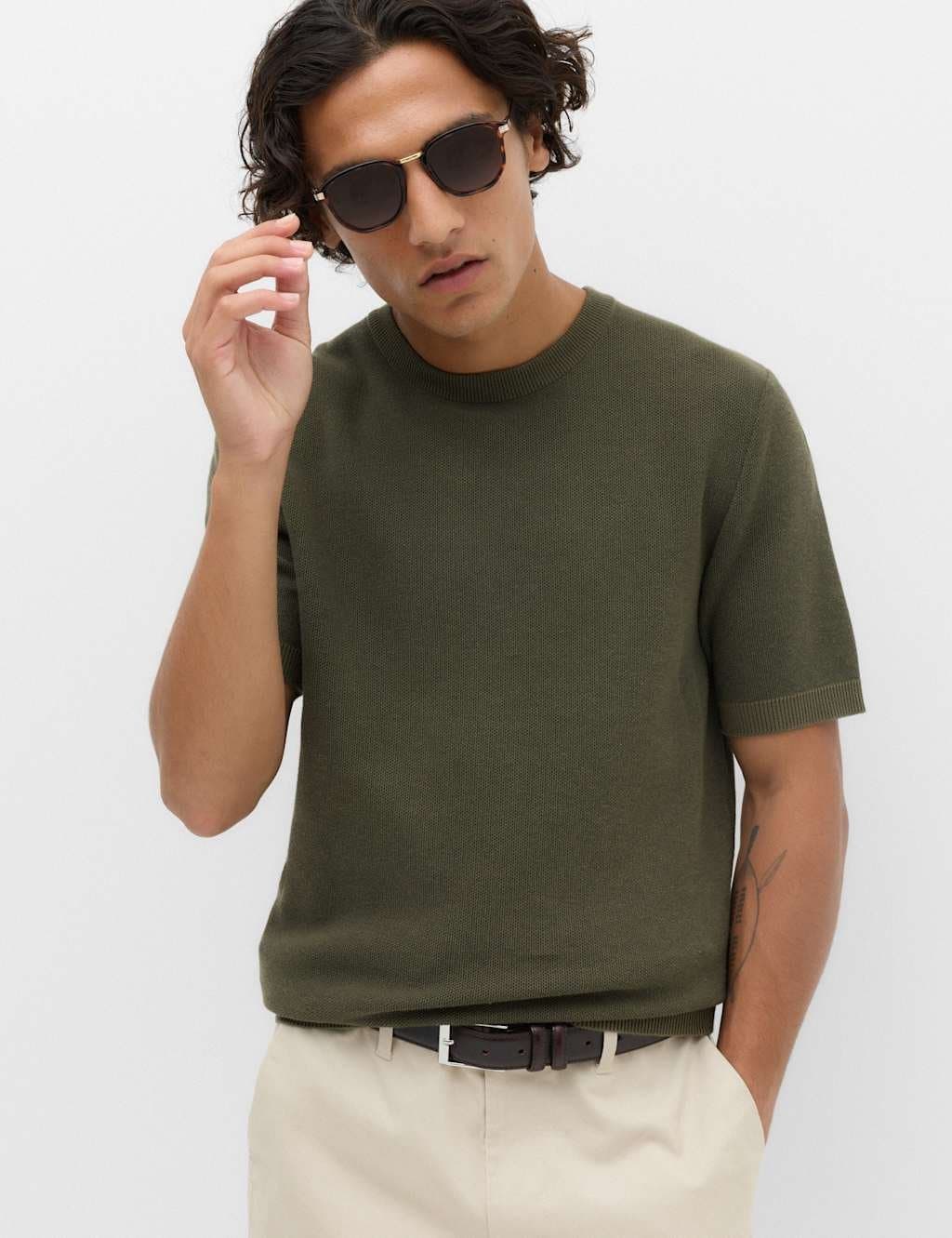 Marks & Spencer M&S Cotton Rich Textured Knitted T-Shirt Hunter Green
