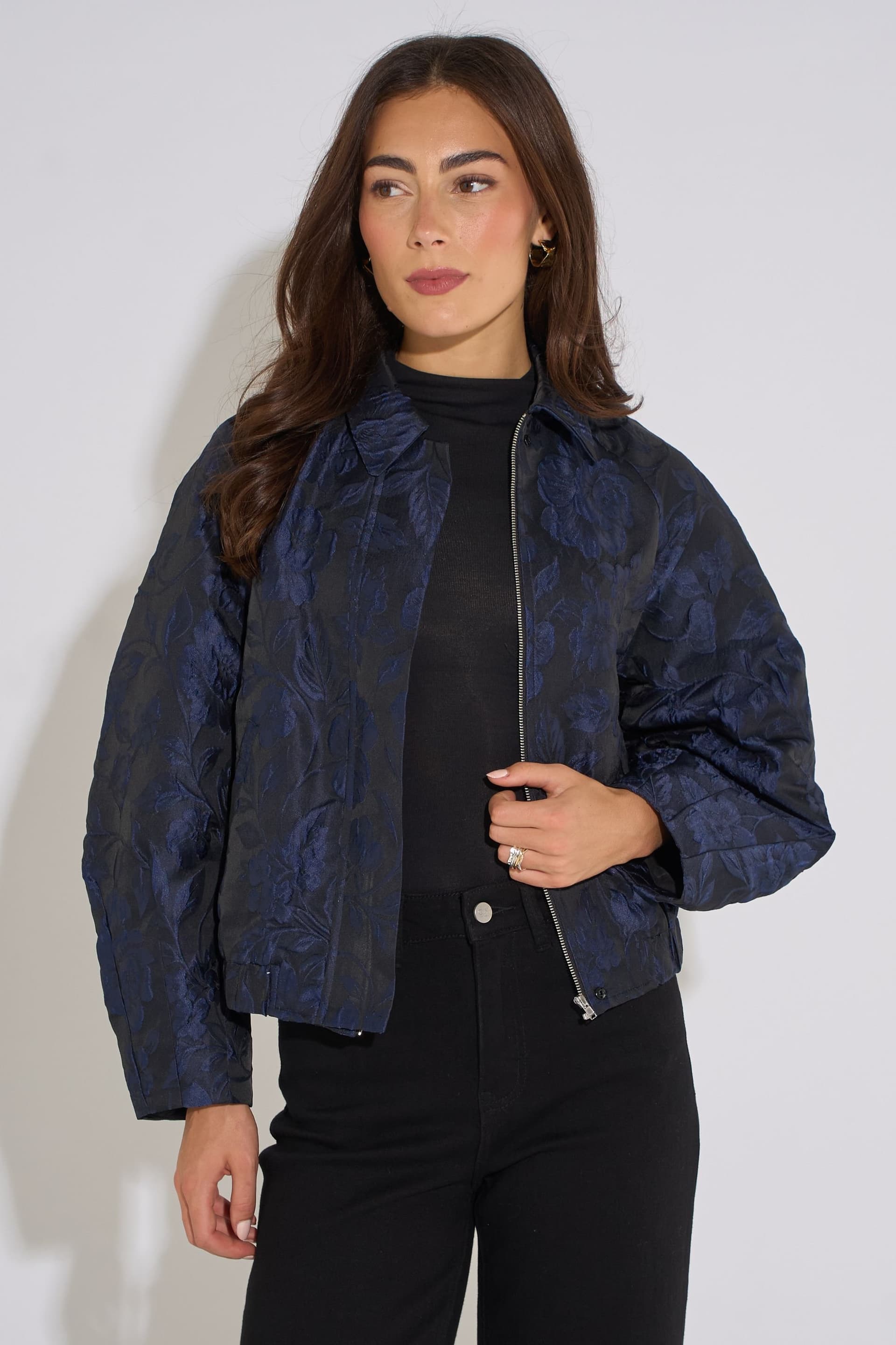 Gini London Gini London Women's Navy Floral Jacquard Bomber Jacket
