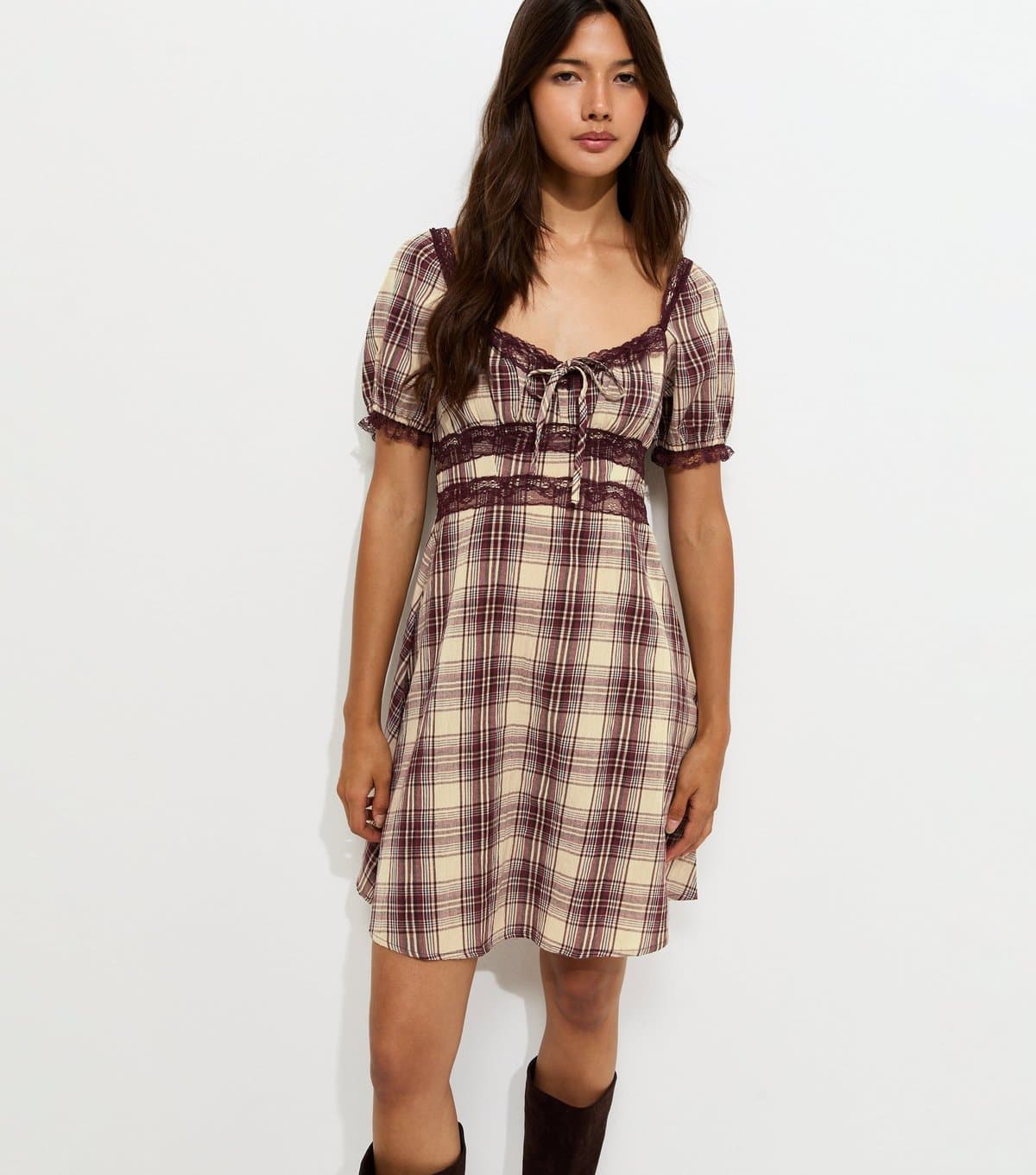 New Look Women's Brown Check Lace Trim Milkmaid Mini Dress New Look