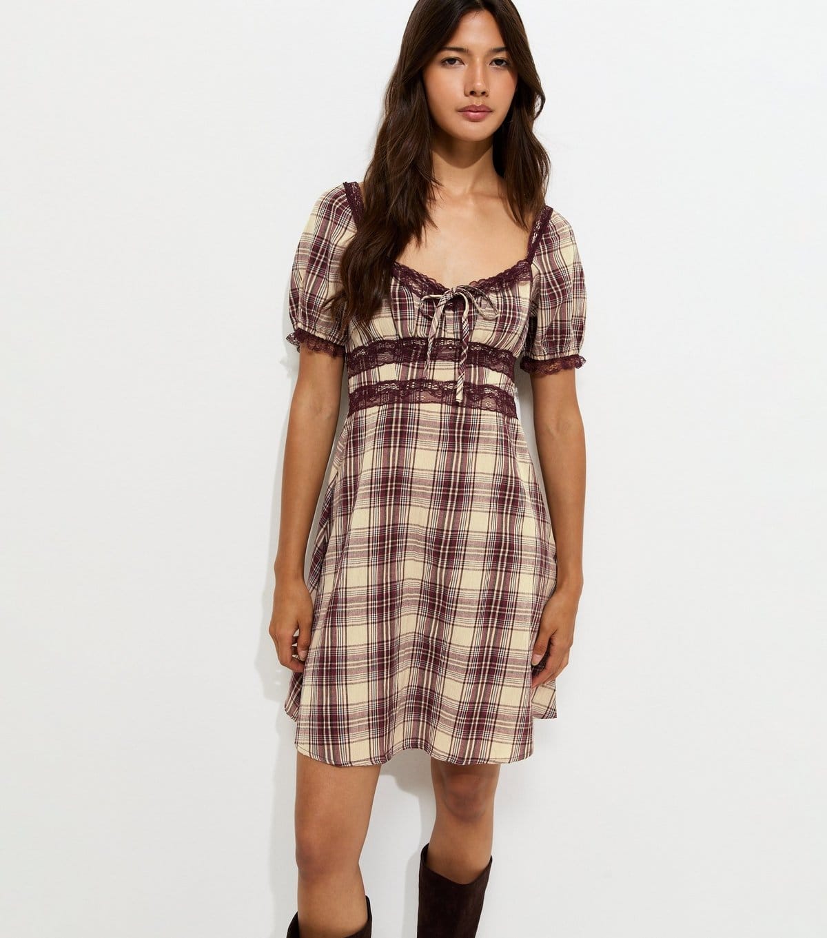New Look Women's Brown Check Lace Trim Milkmaid Mini Dress New Look - 1