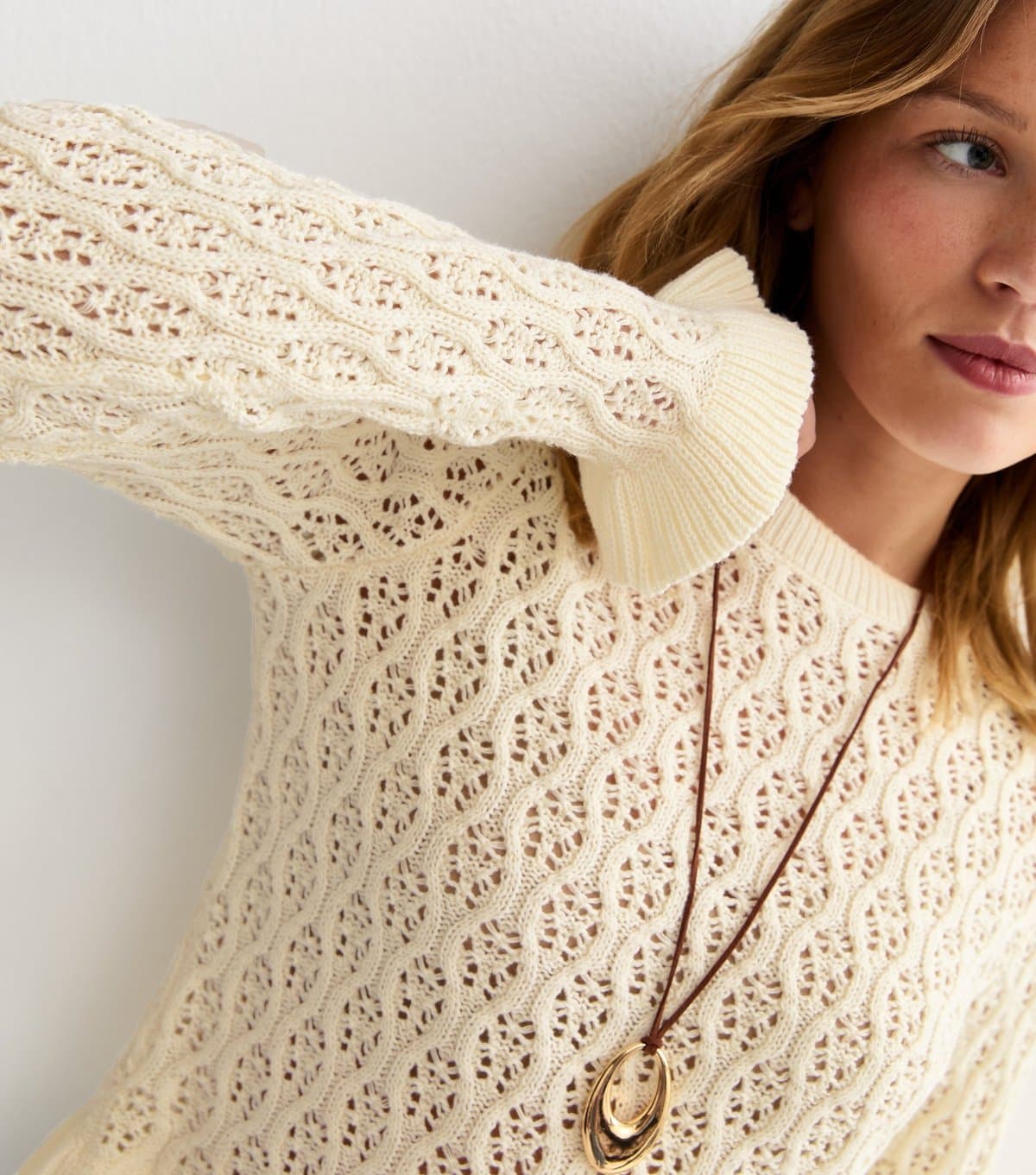 New Look Women's Cream Cotton Rich Pointelle Frill Trim Jumper New Look