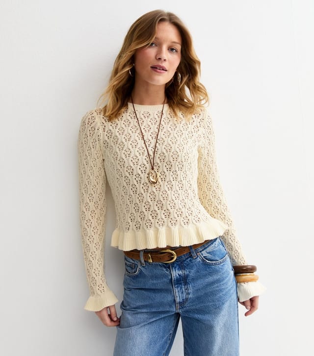New Look Women's Cream Cotton Rich Pointelle Frill Trim Jumper New Look - 2