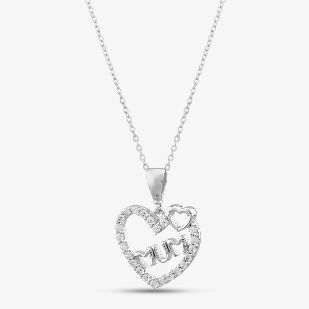 T.H.Baker T.H.Baker Women's 9ct White Gold Cubic Zirconia Open Heart Mum Necklace P1620W 5.13.0024 in Silver - 1