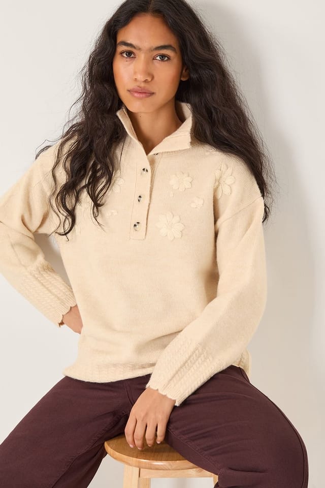 Monsoon Monsoon Women's Em Floral Embroidered Knit Jumper Ivory - 3