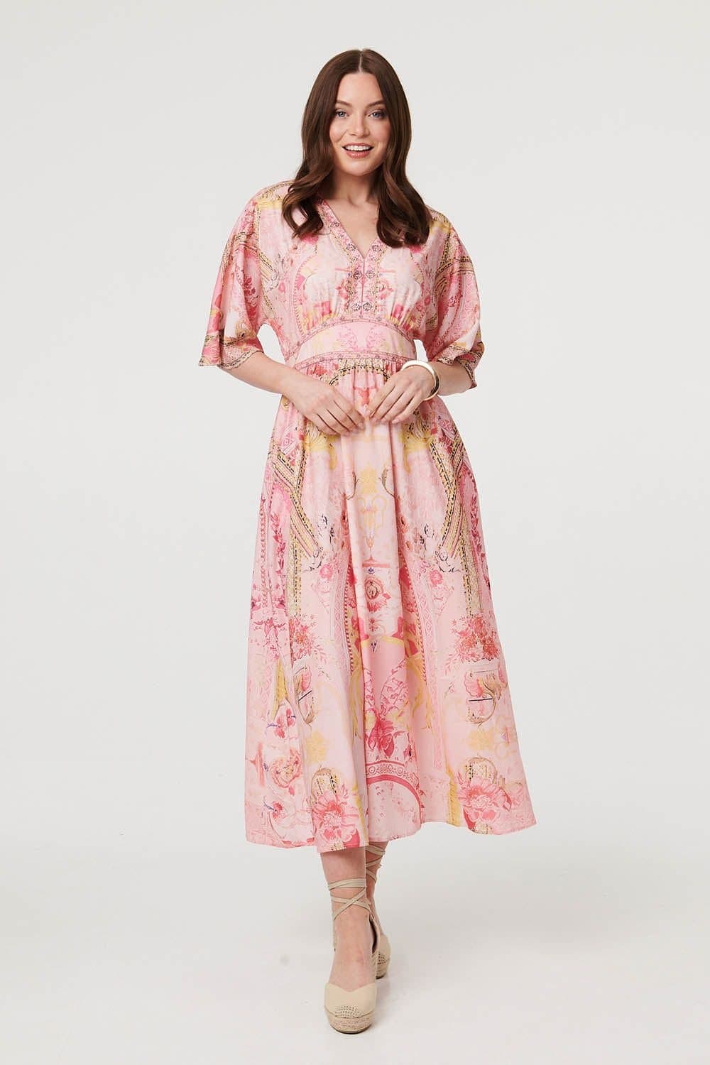 Izabel London Izabel London Women's Relaxed 3/4 Sleeve Empire Maxi Dress in Pink