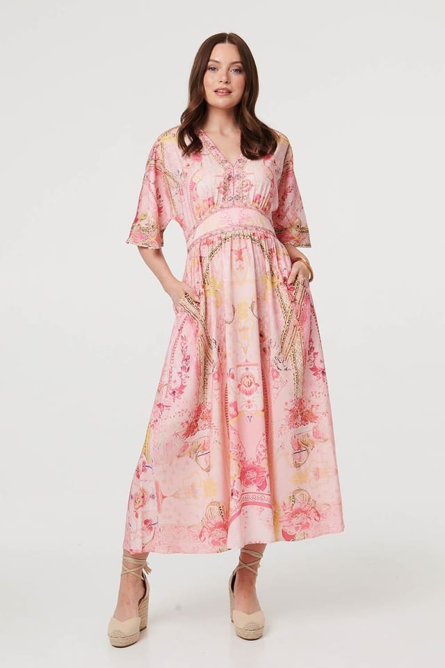 Izabel London Izabel London Women's Relaxed 3/4 Sleeve Empire Maxi Dress in Pink - 2