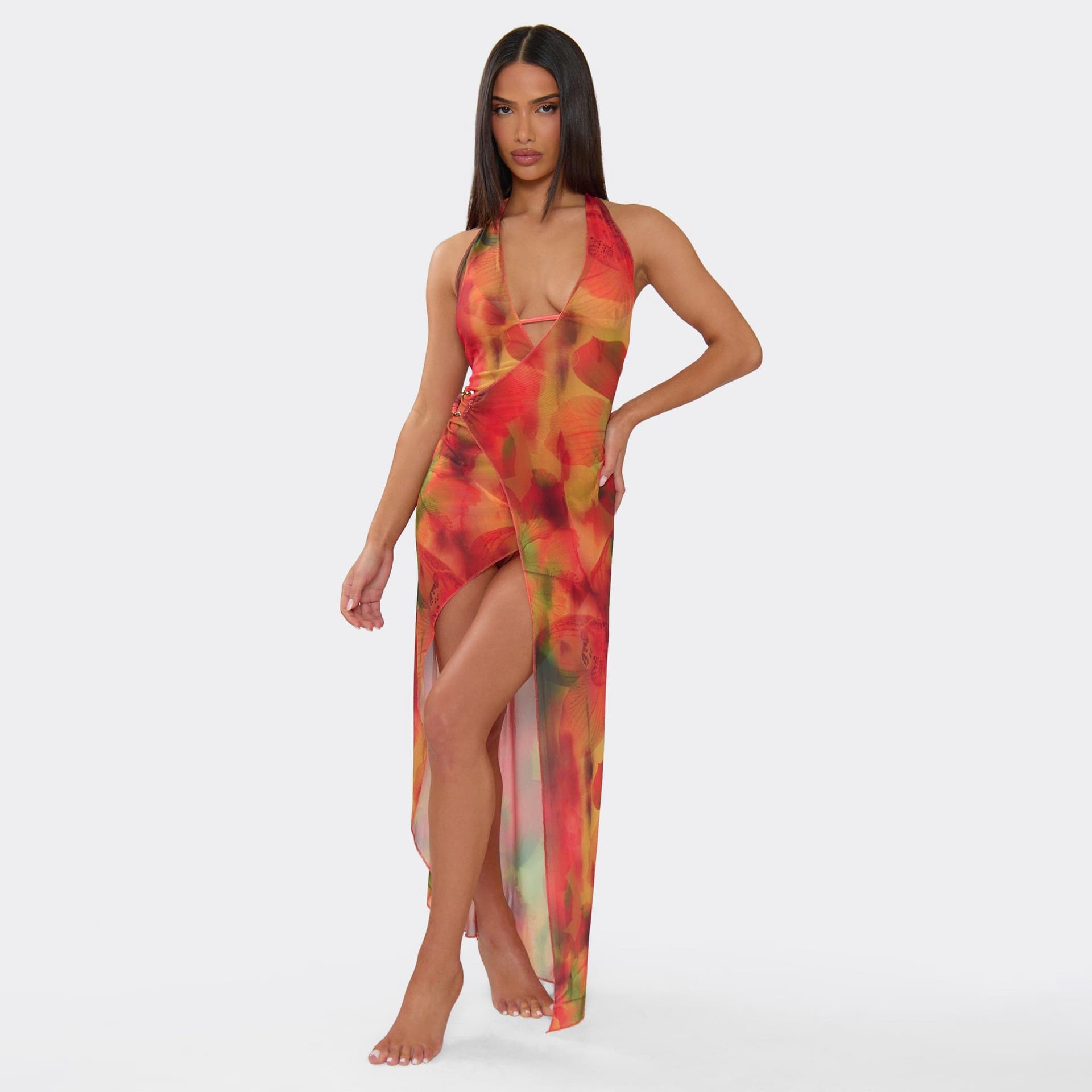 EGO Plunge Halterneck Trim Detail Side Split Maxi Beach Dress In Red Abstract Floral Print, Women's Size UK 6