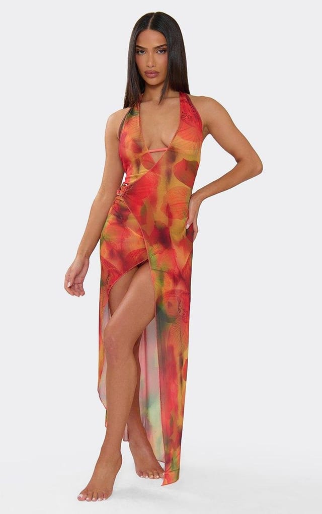 EGO Plunge Halterneck Trim Detail Side Split Maxi Beach Dress In Red Abstract Floral Print, Women's Size UK 6 - 2