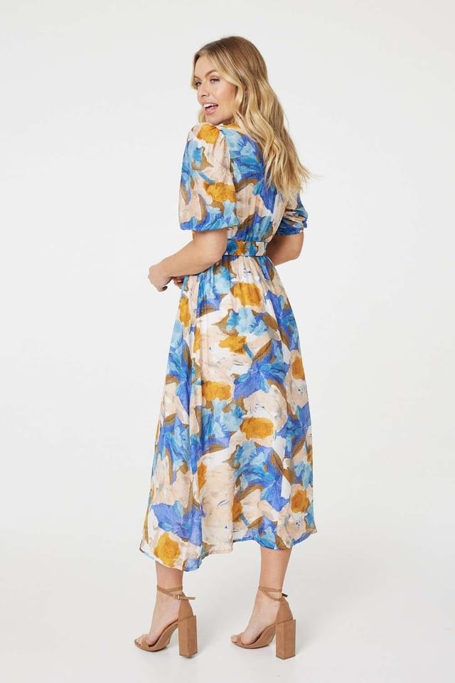Izabel London Izabel London Women's Printed 1/2 Sleeve Belted Midi Dress in Blue - 3