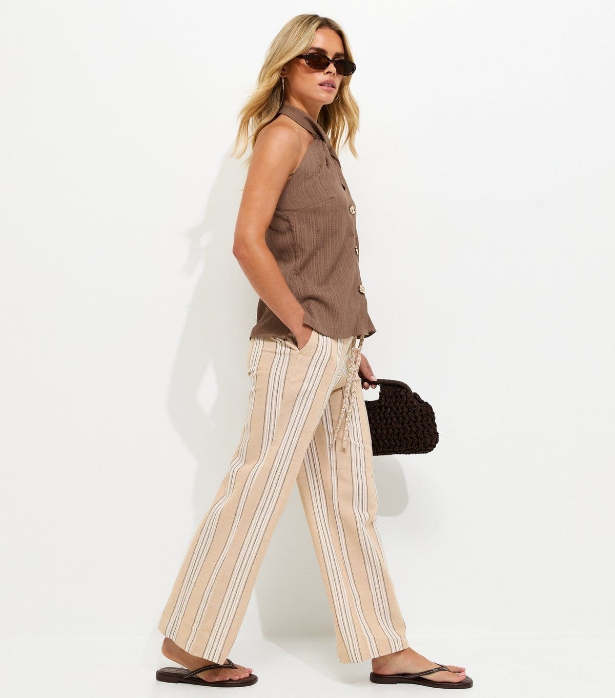 New Look Brown Striped Wide Leg Trousers for Petite Women