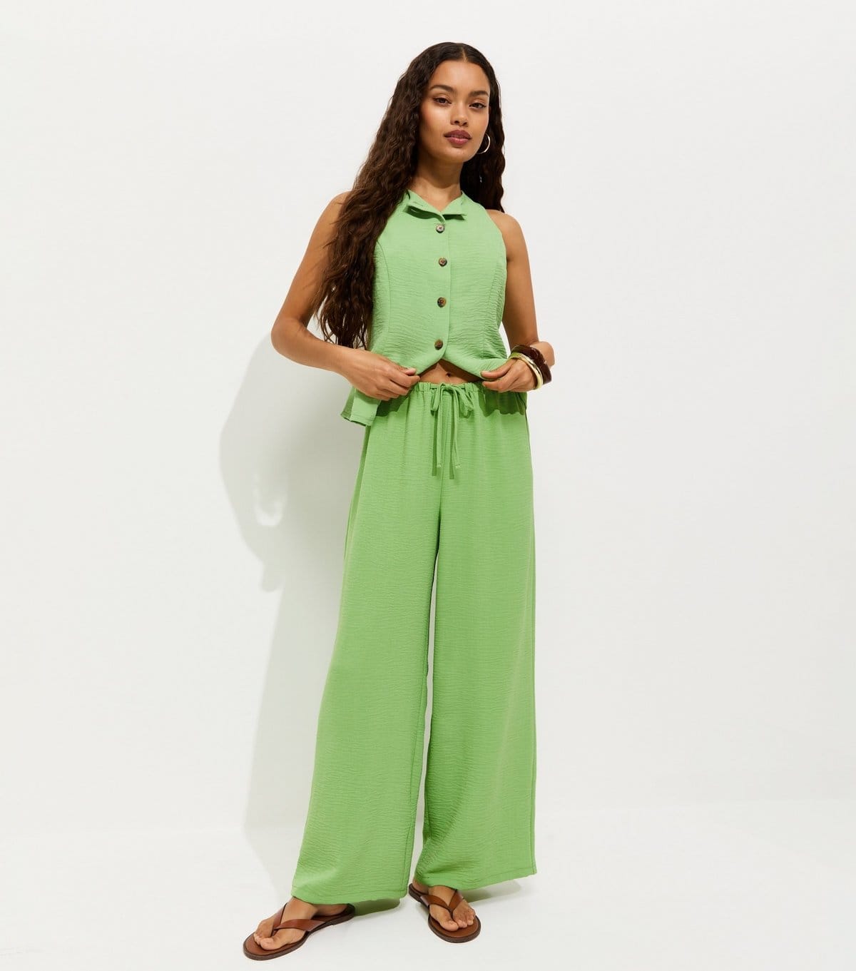 Women's Petite Light Green Drawstring Waist Wide Leg Trousers New Look