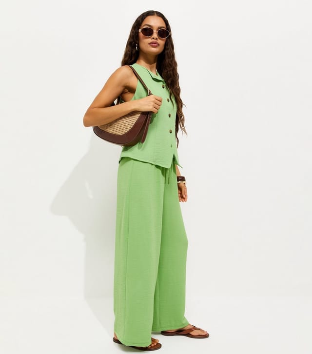 New Look Women's Petite Light Green Drawstring Waist Wide Leg Trousers New Look - 3