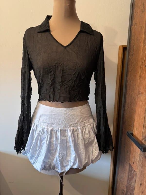 ASOS Design black crinkle sheer see through long sleeve shirt top crop size S