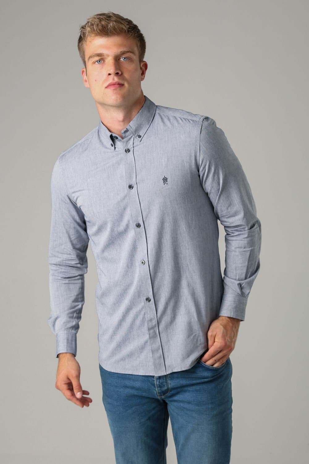 French Connection French Connection Men's Cotton Long Sleeve Oxford Shirt in Light Blue