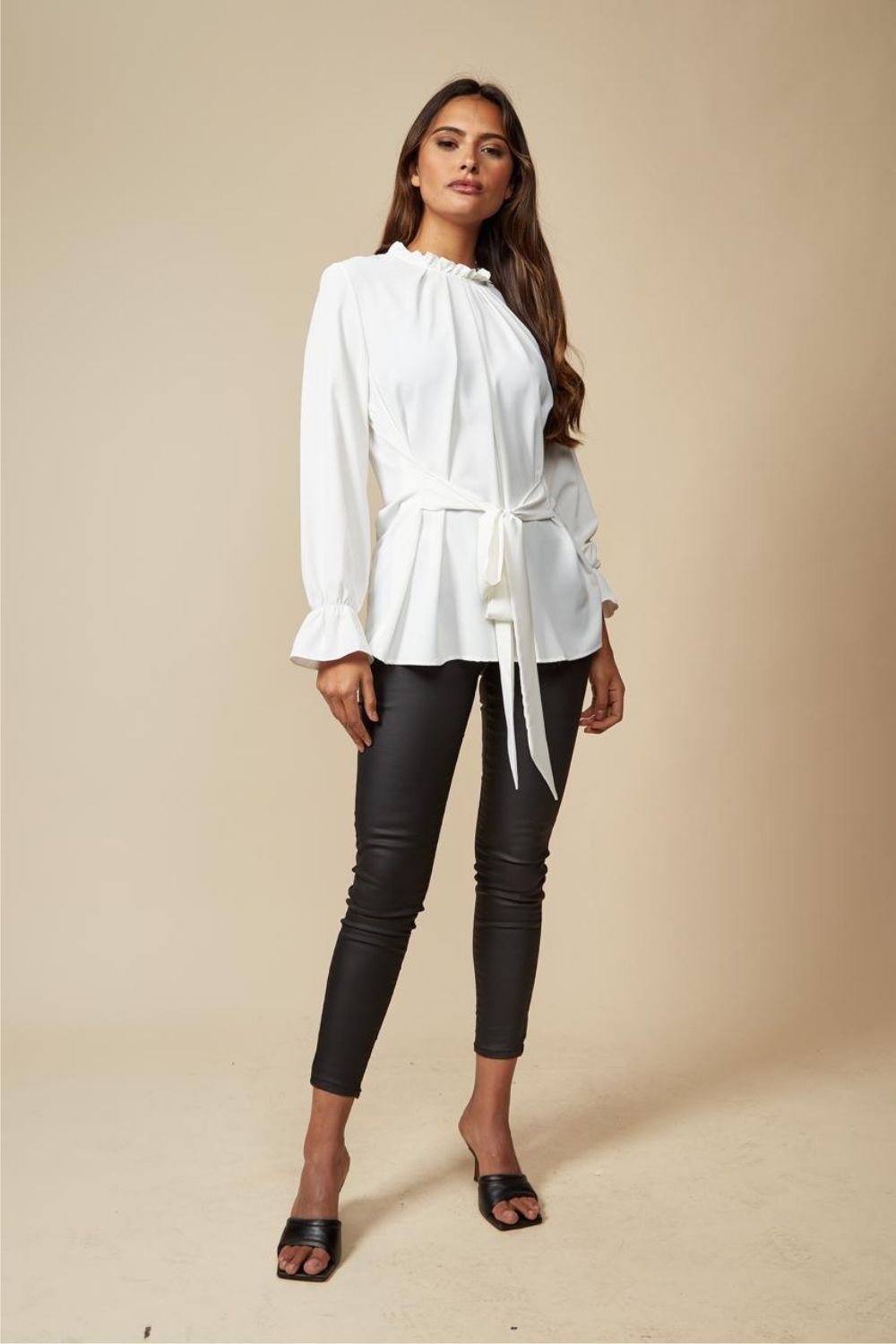 HOXTON GAL HOXTON GAL Women's Oversized Tie Ruffle Neck Top with Tie Waist Detailed in White - 2