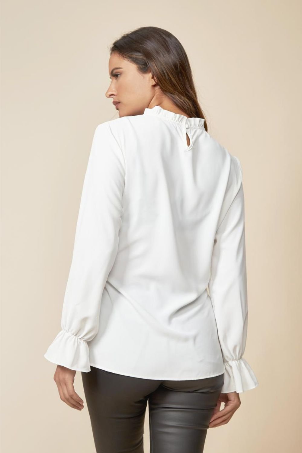 HOXTON GAL HOXTON GAL Women's Oversized Tie Ruffle Neck Top with Tie Waist Detailed in White - 3