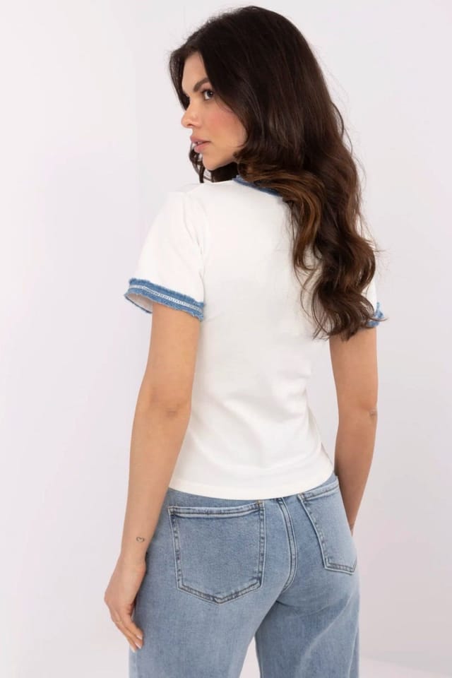 Love Lace Love Lace Women's Fitted Cotton Elastane V Neck Blouse Denim Trim in White - 3
