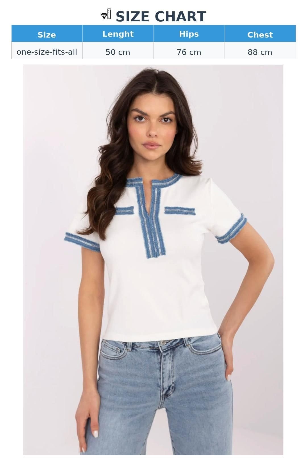 Love Lace Love Lace Women's Fitted Cotton Elastane V Neck Blouse Denim Trim in White - 4