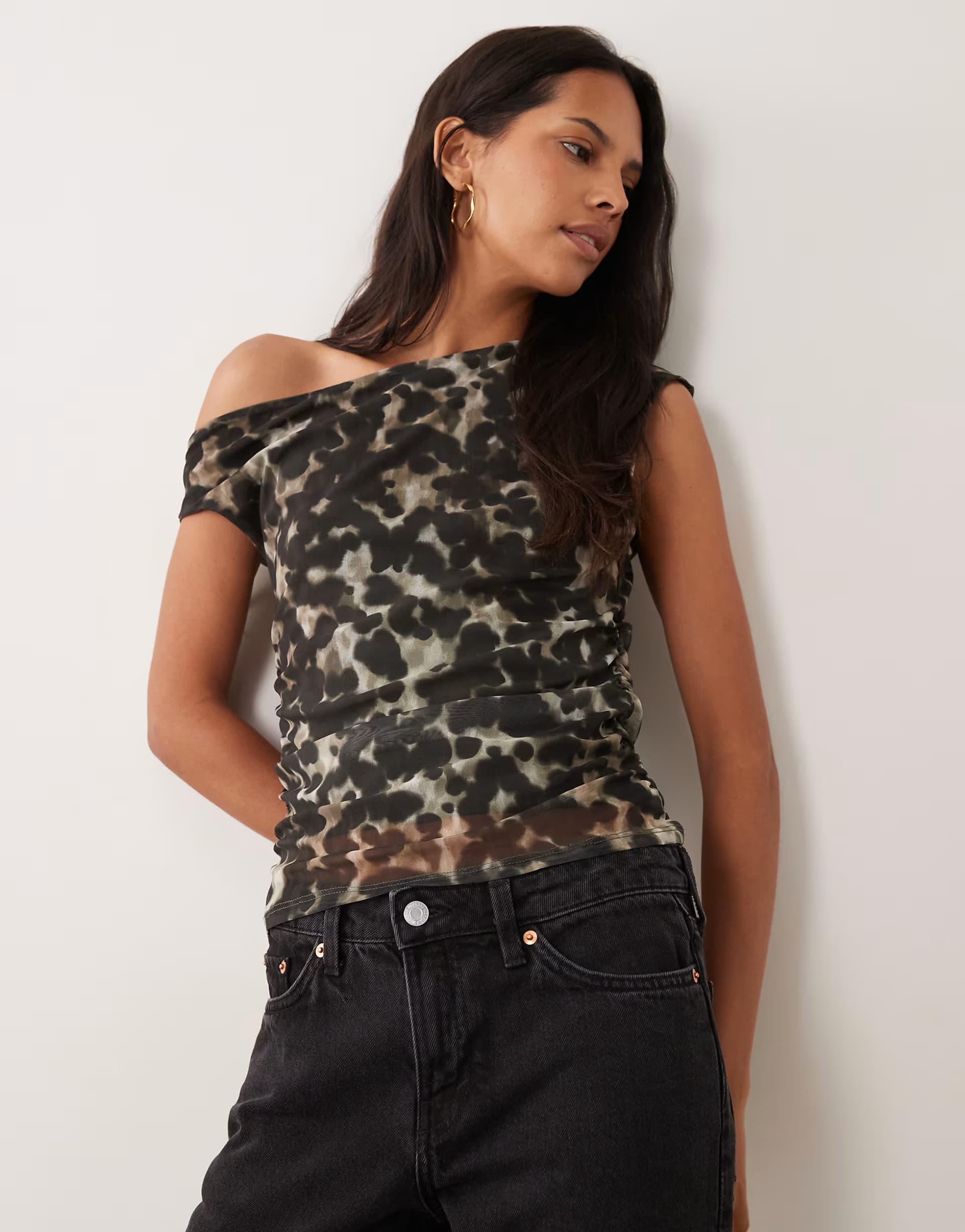 ASOS Mango asymmetric mesh top in grey leopard print