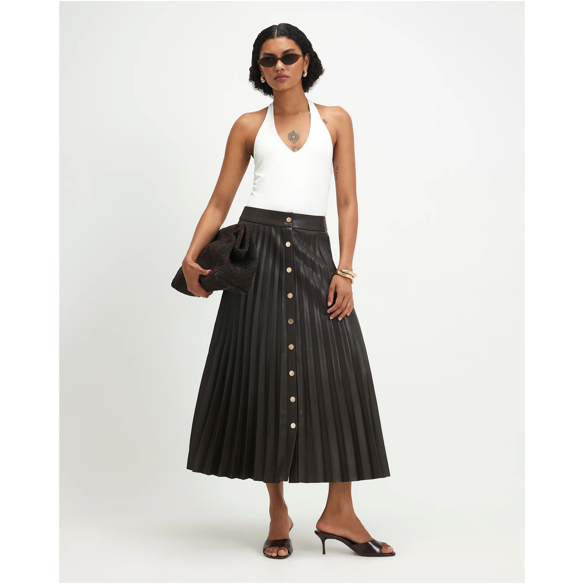 River Island River Island Womens Brown Popper Faux Leather Pleated Midi Skirt