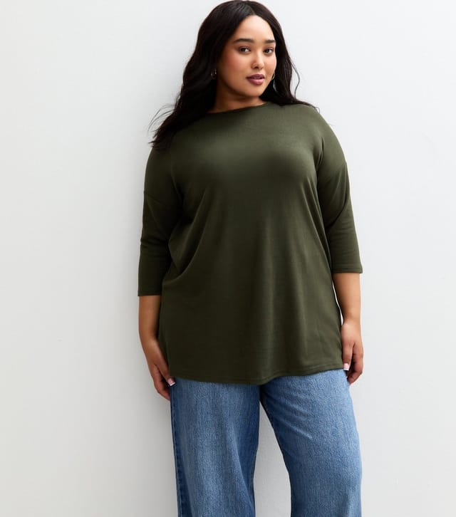 New Look Women's Plus Size Dark Khaki Soft Touch Crop Sleeve Top Curves New Look - 2