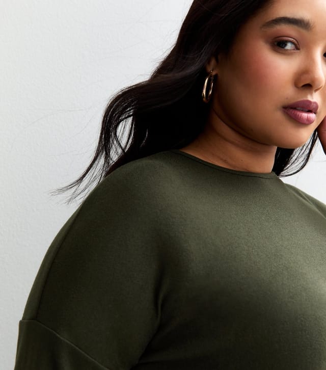 New Look Women's Plus Size Dark Khaki Soft Touch Crop Sleeve Top Curves New Look - 3