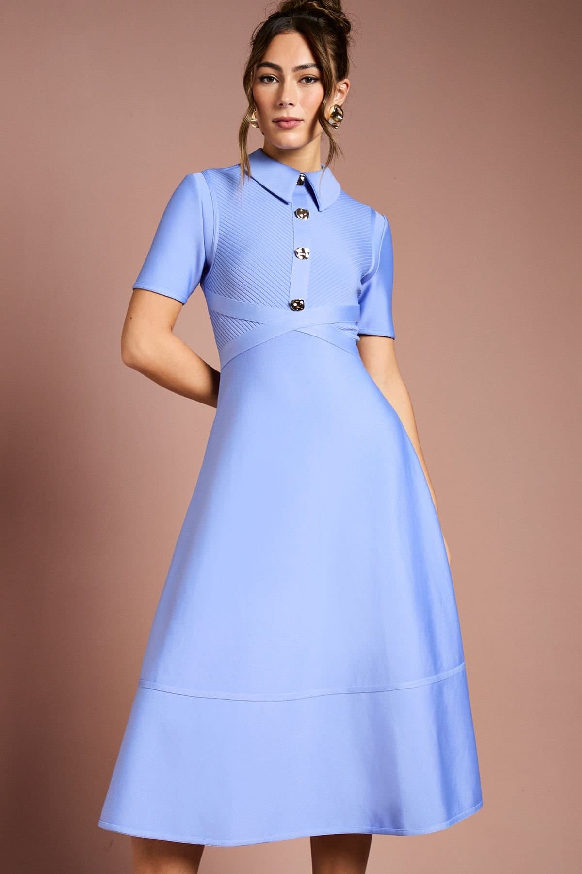 Coast Coast Women's Bandage Knit Short Sleeve Shirt Midi Dress in Blue