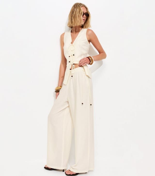 New Look Women's Off White Textured Beaded Tie Waistcoat New Look - 3