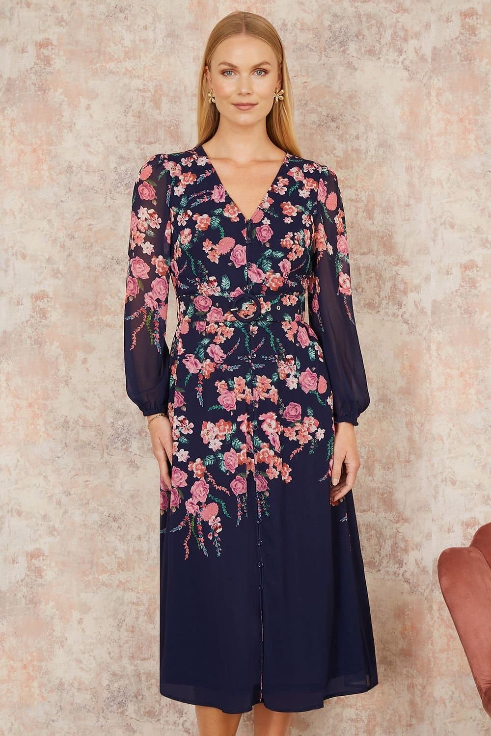 Yumi Yumi Women's Navy Button Up Midi Dress With Floral Placement & Long Sleeves