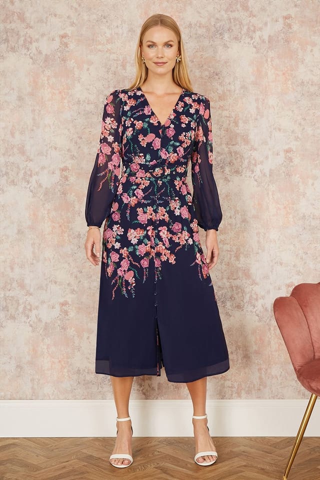 Yumi Yumi Women's Navy Button Up Midi Dress With Floral Placement & Long Sleeves - 2