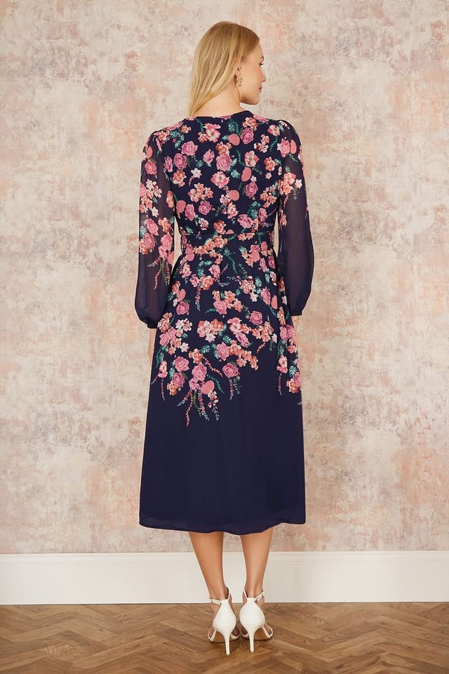 Yumi Yumi Women's Navy Button Up Midi Dress With Floral Placement & Long Sleeves - 3