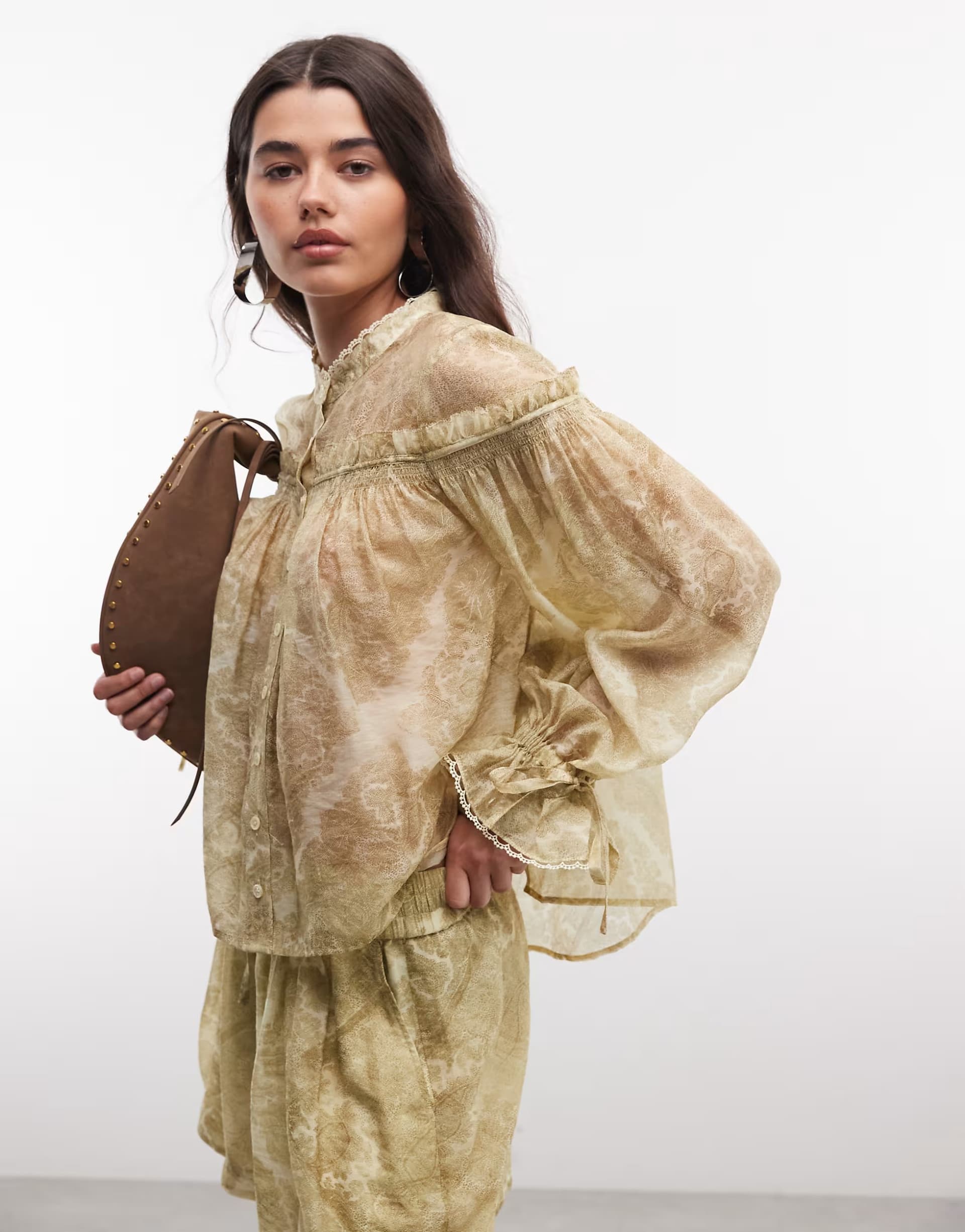 ASOS AllSaints Delphine co-ord long sleeve thrilly lace ruched floral blouse in gold green
