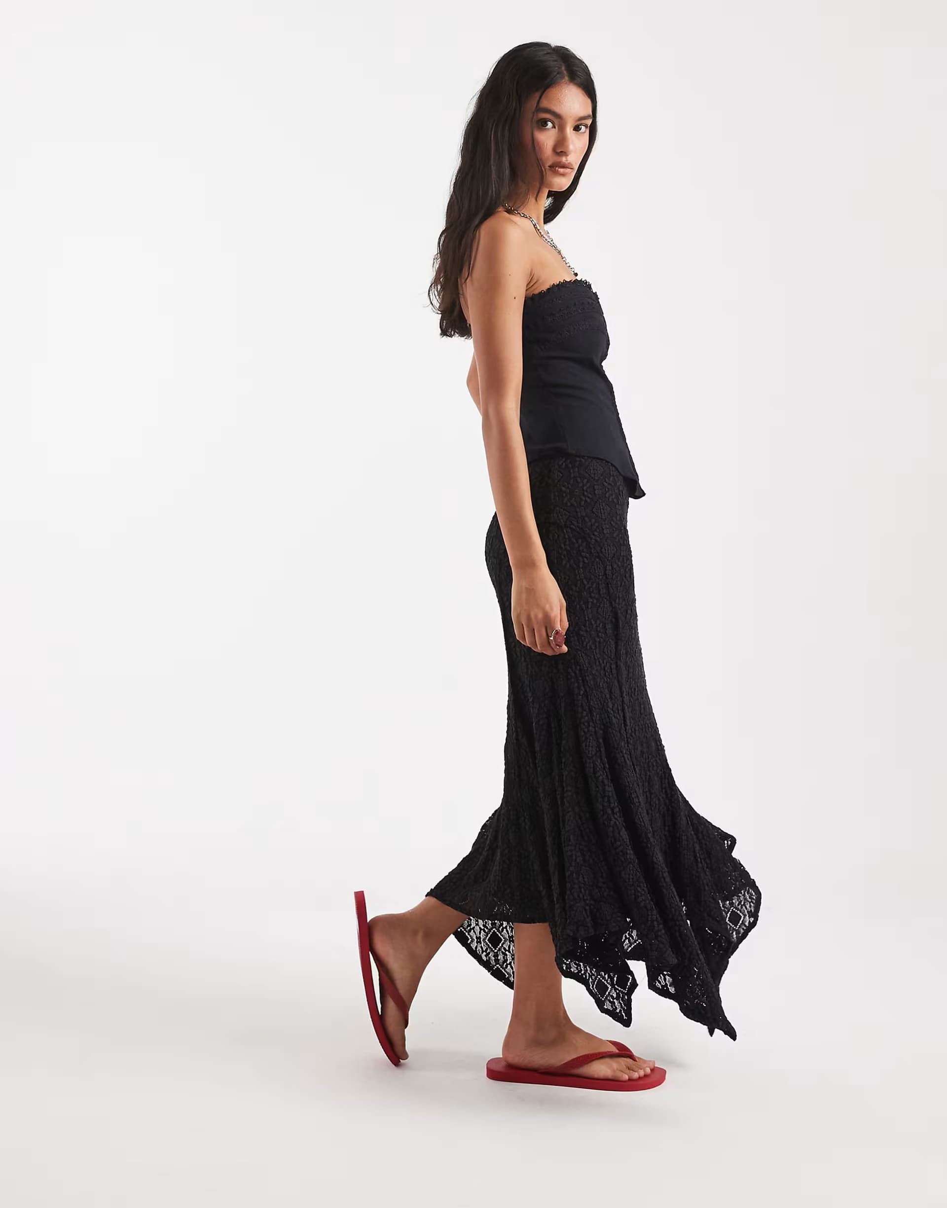 ASOS Free People bella lace asymmetric hem midi skirt in black