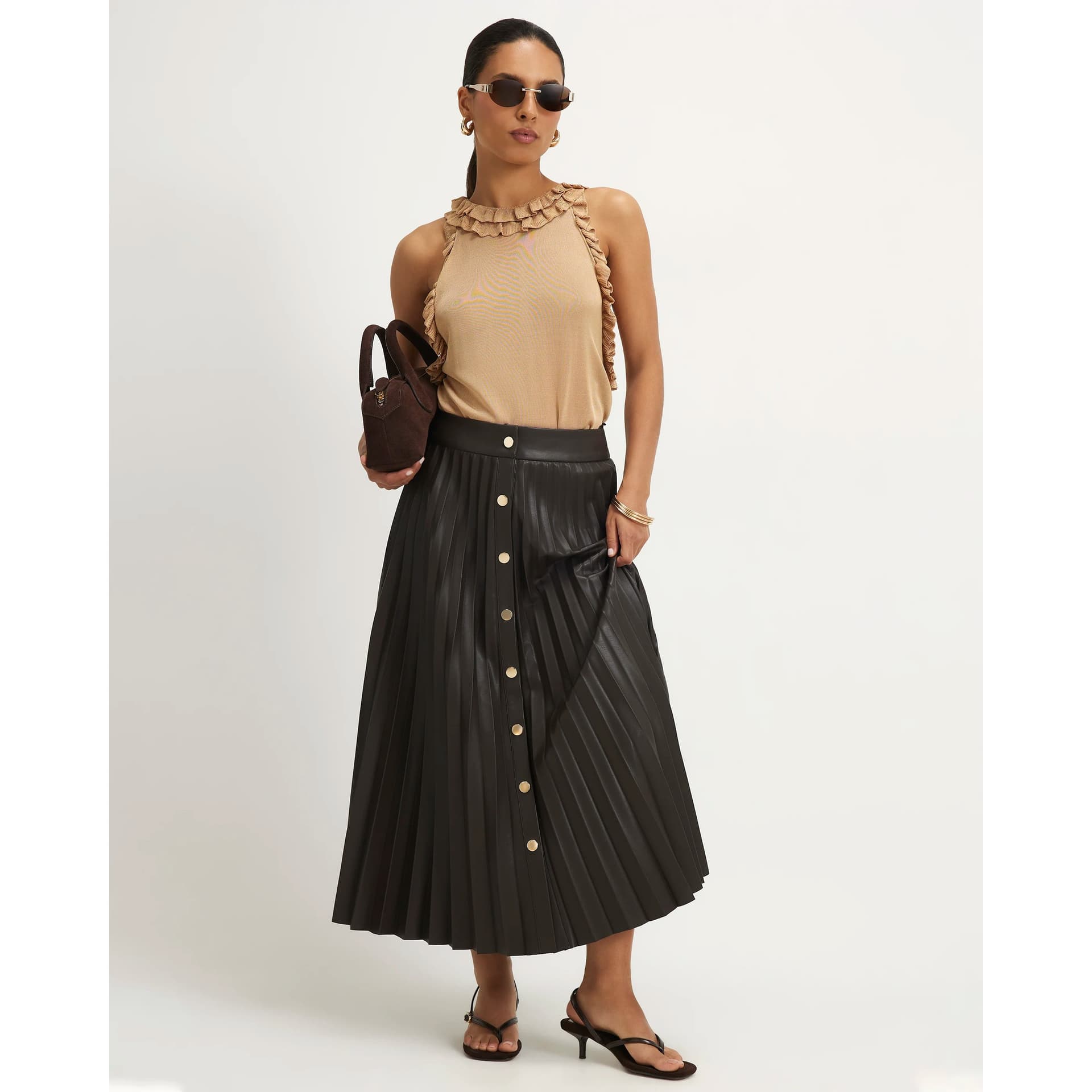 River Island River Island Womens Petite Brown Popper Front Pleated Midi Skirt