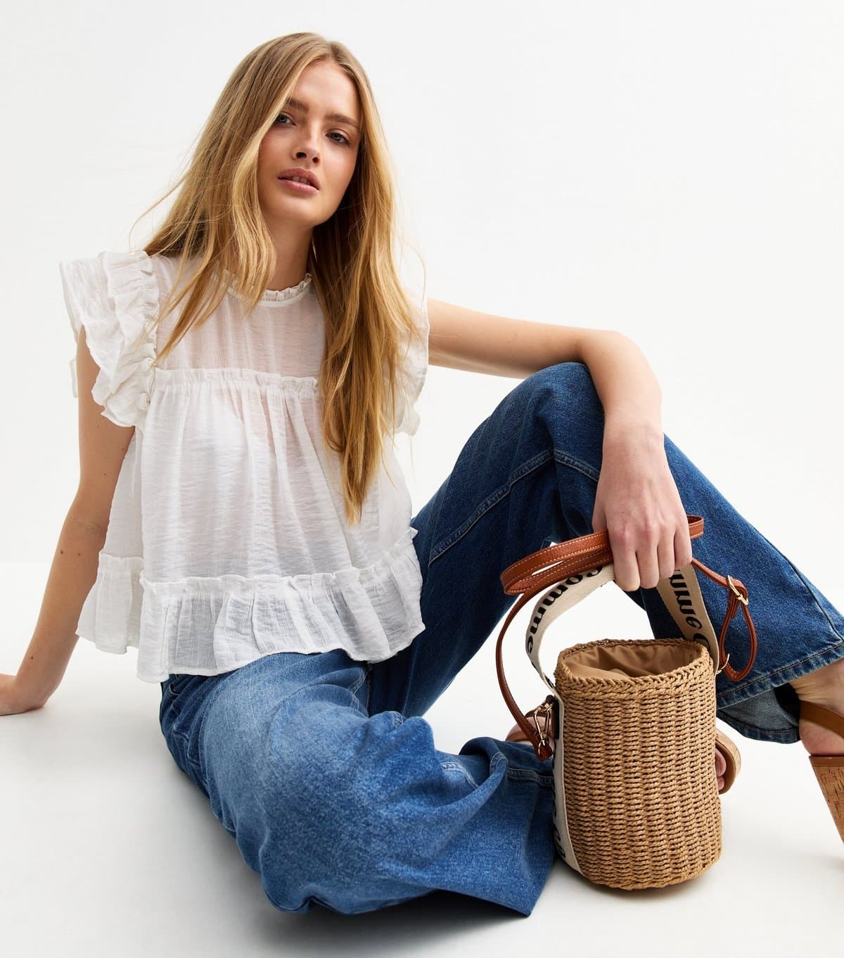 New Look Women's White Ruffle Trimmed Semi Sheer Top New Look