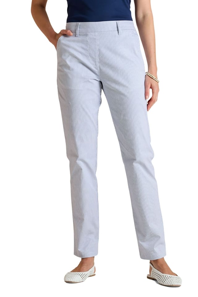 Amber Amber Women's Stripe Chino Pull‑On Trousers, Stretch Cotton Flat‑Front Chinos with in White - 3