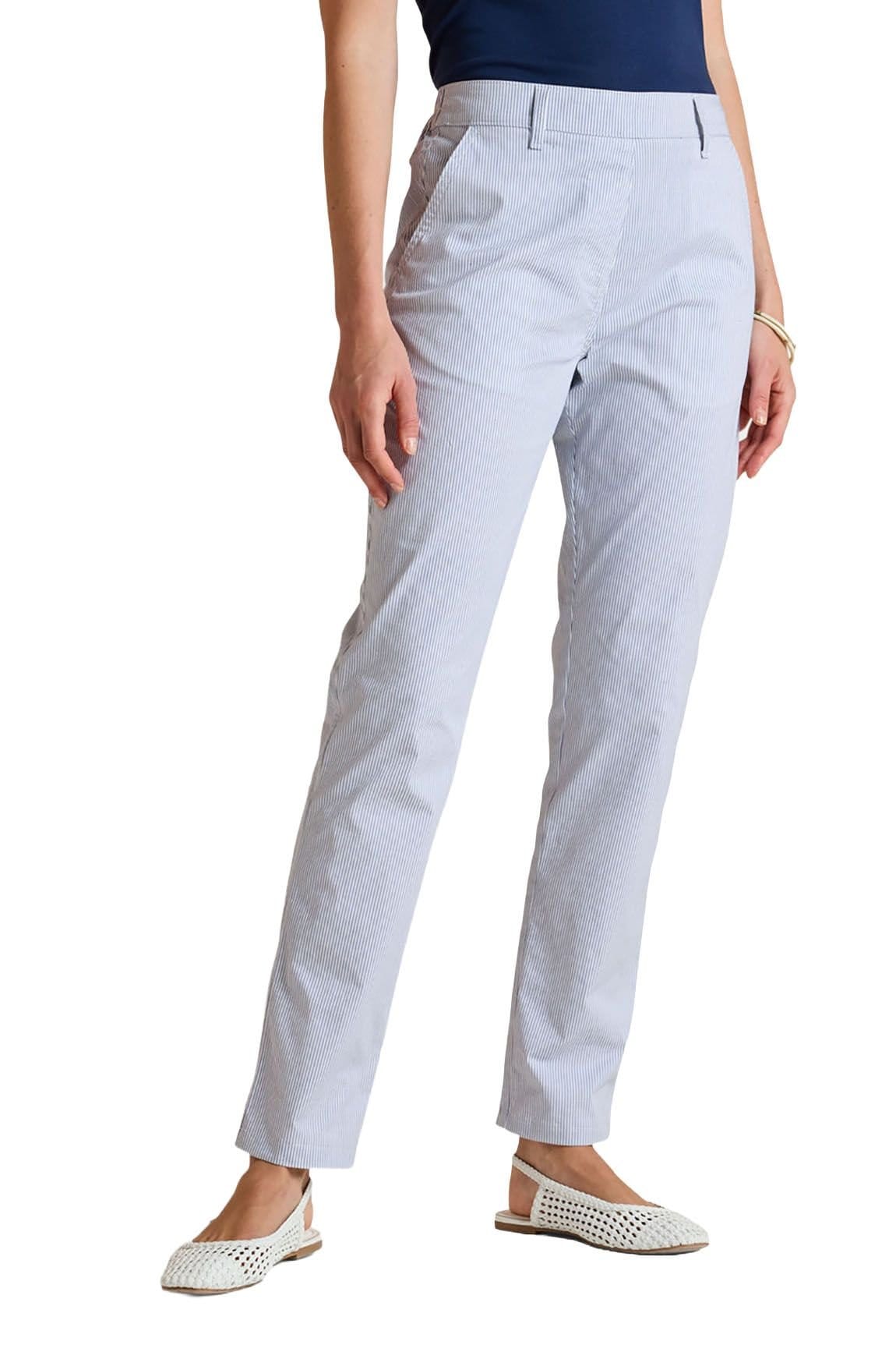 Amber Amber Women's Stripe Chino Pull‑On Trousers, Stretch Cotton Flat‑Front Chinos with in White - 4
