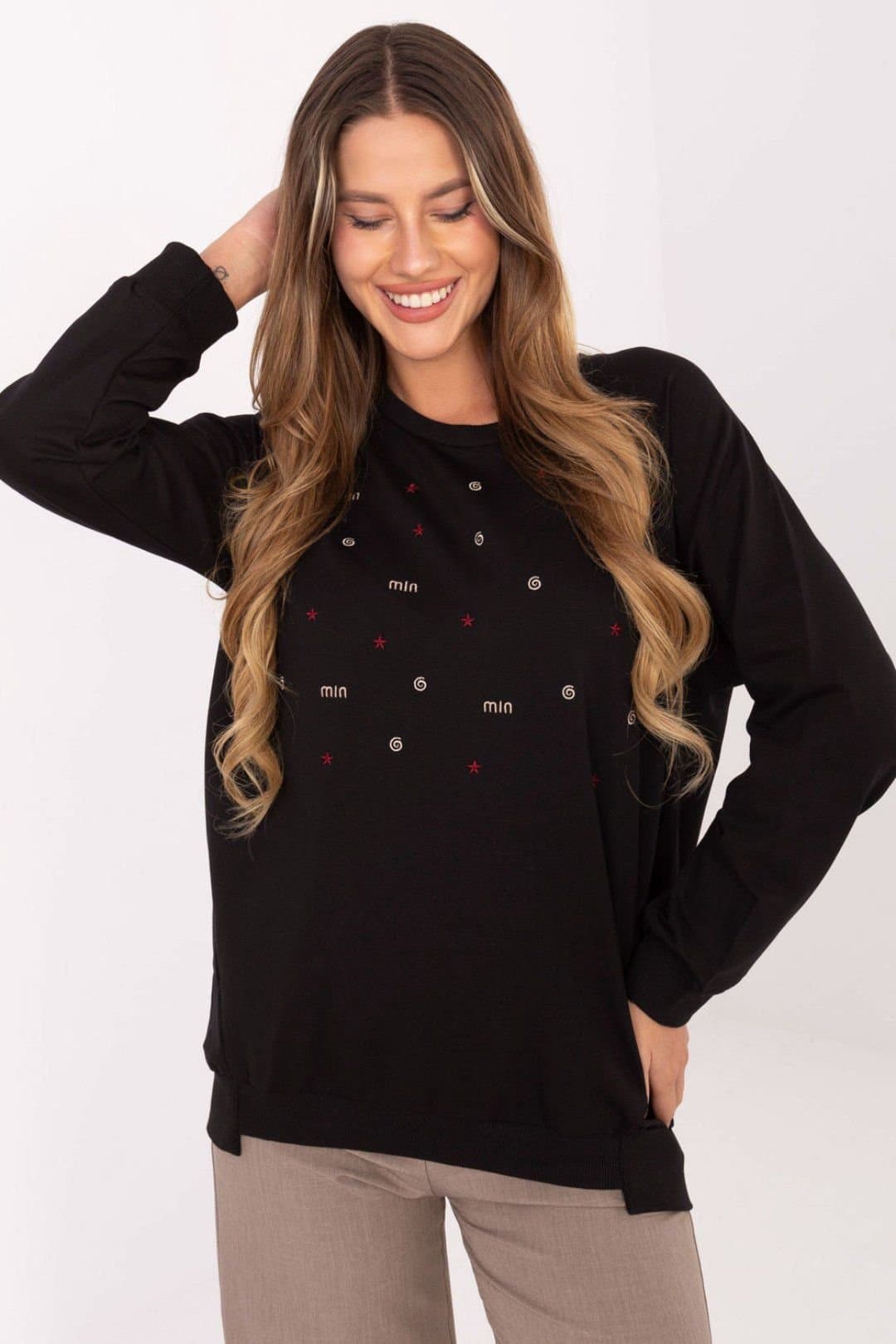 Love Lace Love Lace Women's Cotton Elastane Sweatshirt with Front Embroidery in Black