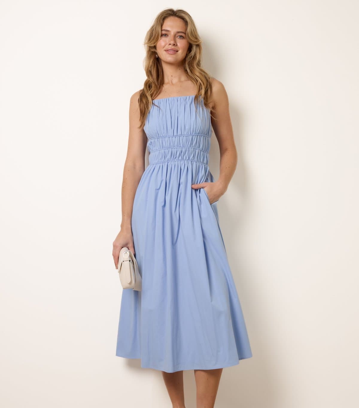Blue Vanilla Women's Blue Ruched Bust Strappy Midi Dress Blue Vanilla New Look