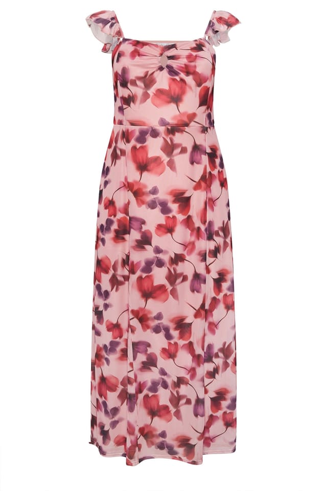 Yours Yours Women's Floral Keyhole Ruffle Maxi Dress in Pink - 2