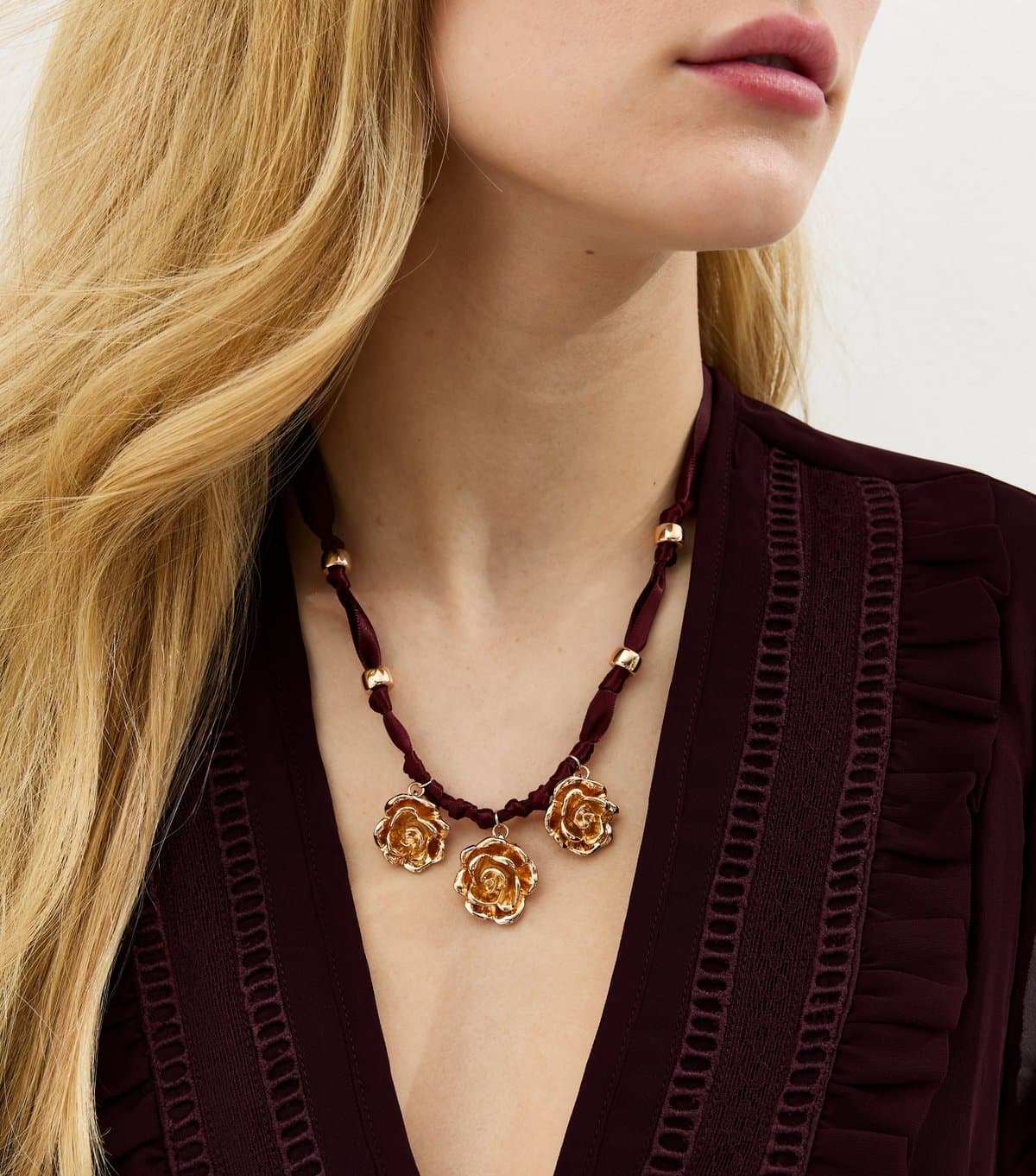 New Look New Look Burgundy Rose Charm Necklace