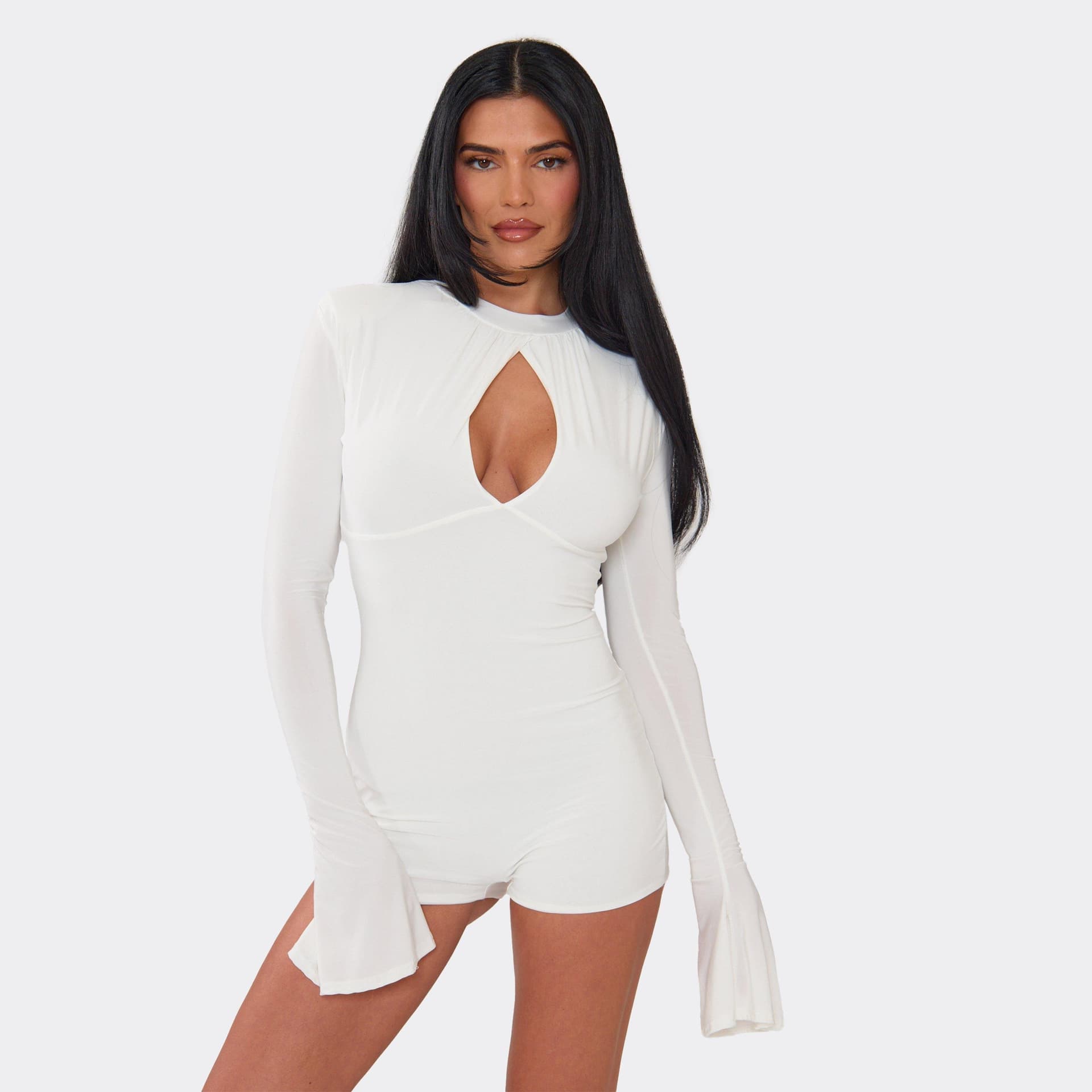 EGO Long Sleeve Keyhole Cut Out Detail Playsuit In White., Women's Size UK 6