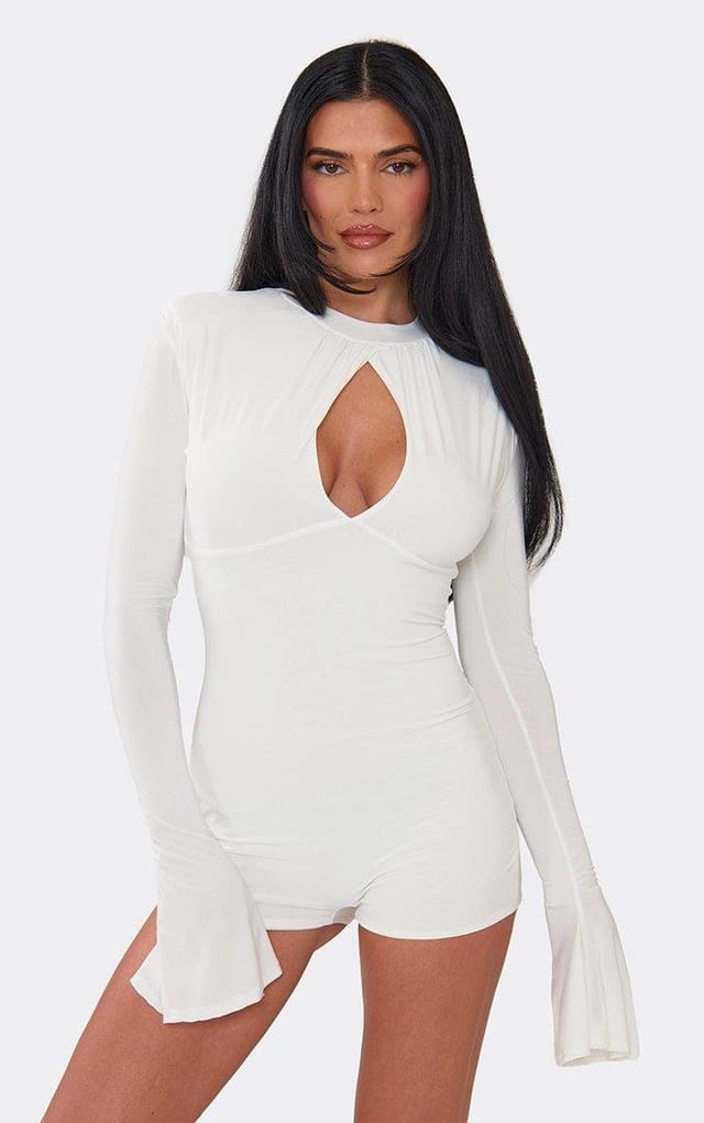 EGO Long Sleeve Keyhole Cut Out Detail Playsuit In White., Women's Size UK 6 - 2