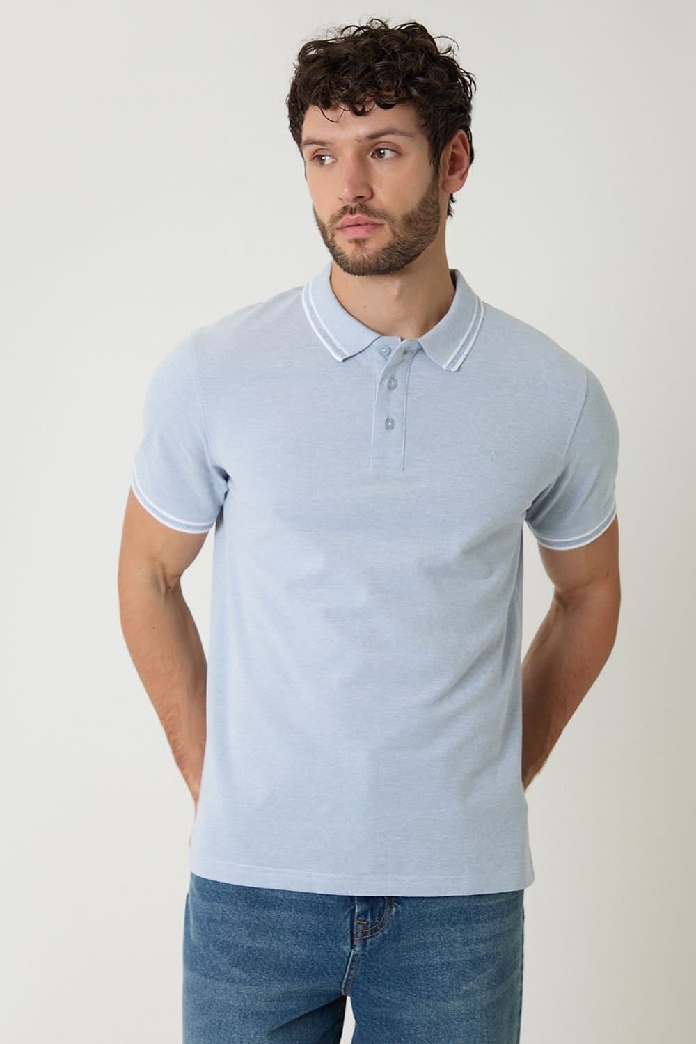 Threadbare Threadbare Men's Two Tone Cotton Pique Polo Shirt in Pale Blue