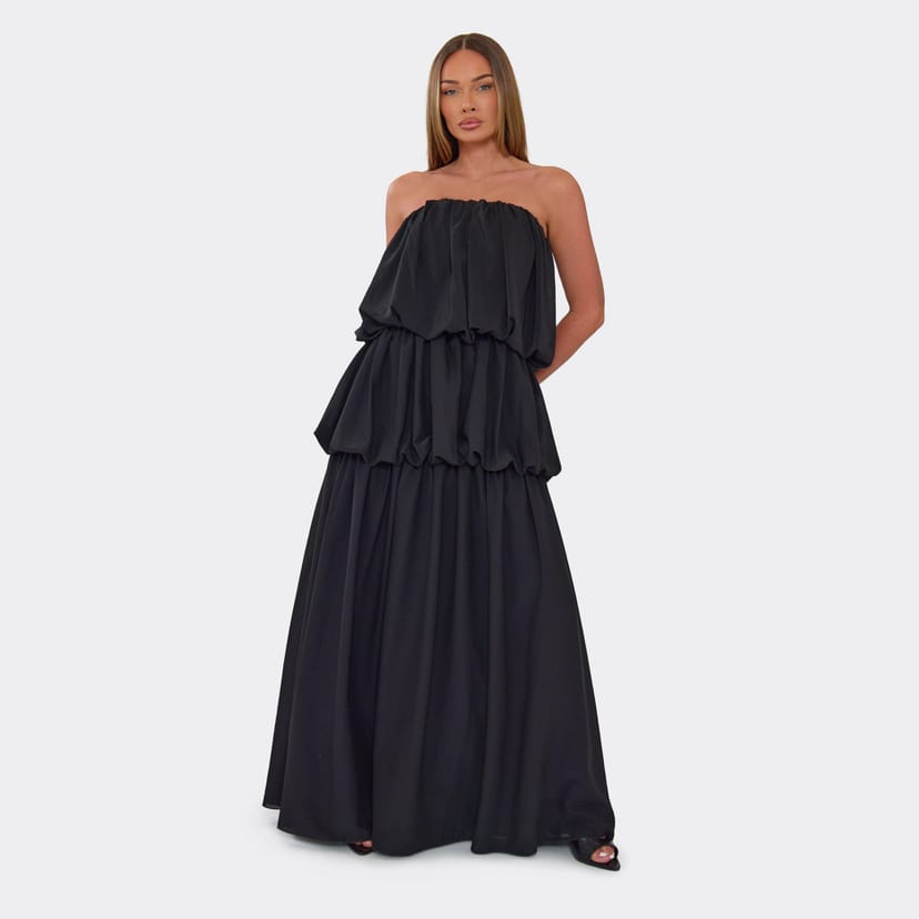 EGO Bandeau Tiered Ruched Maxi Dress In Black Chiffon, Women's Size UK 6 - 1