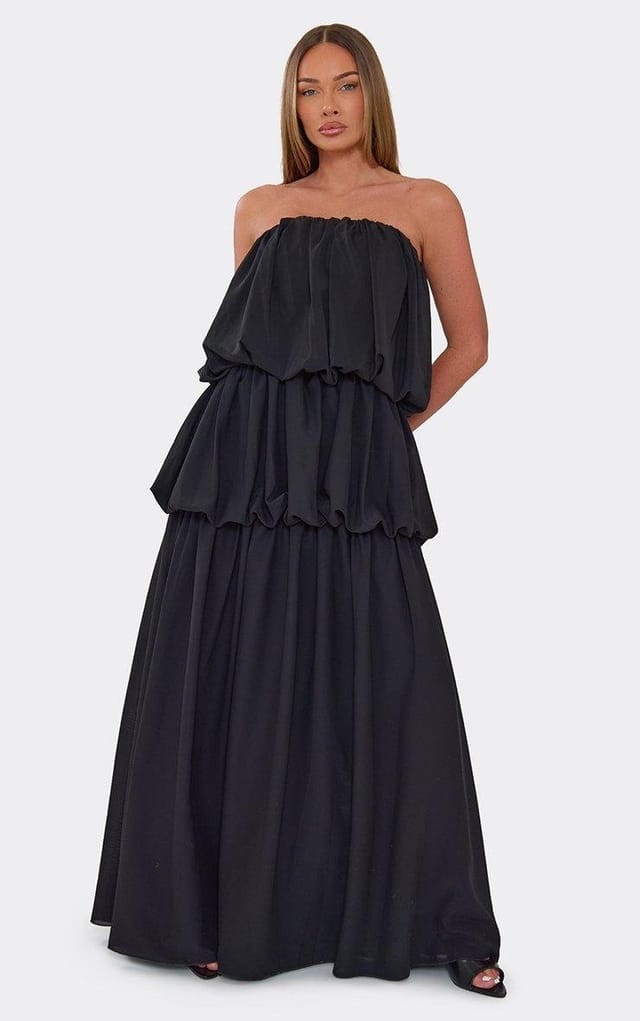 EGO Bandeau Tiered Ruched Maxi Dress In Black Chiffon, Women's Size UK 6 - 2